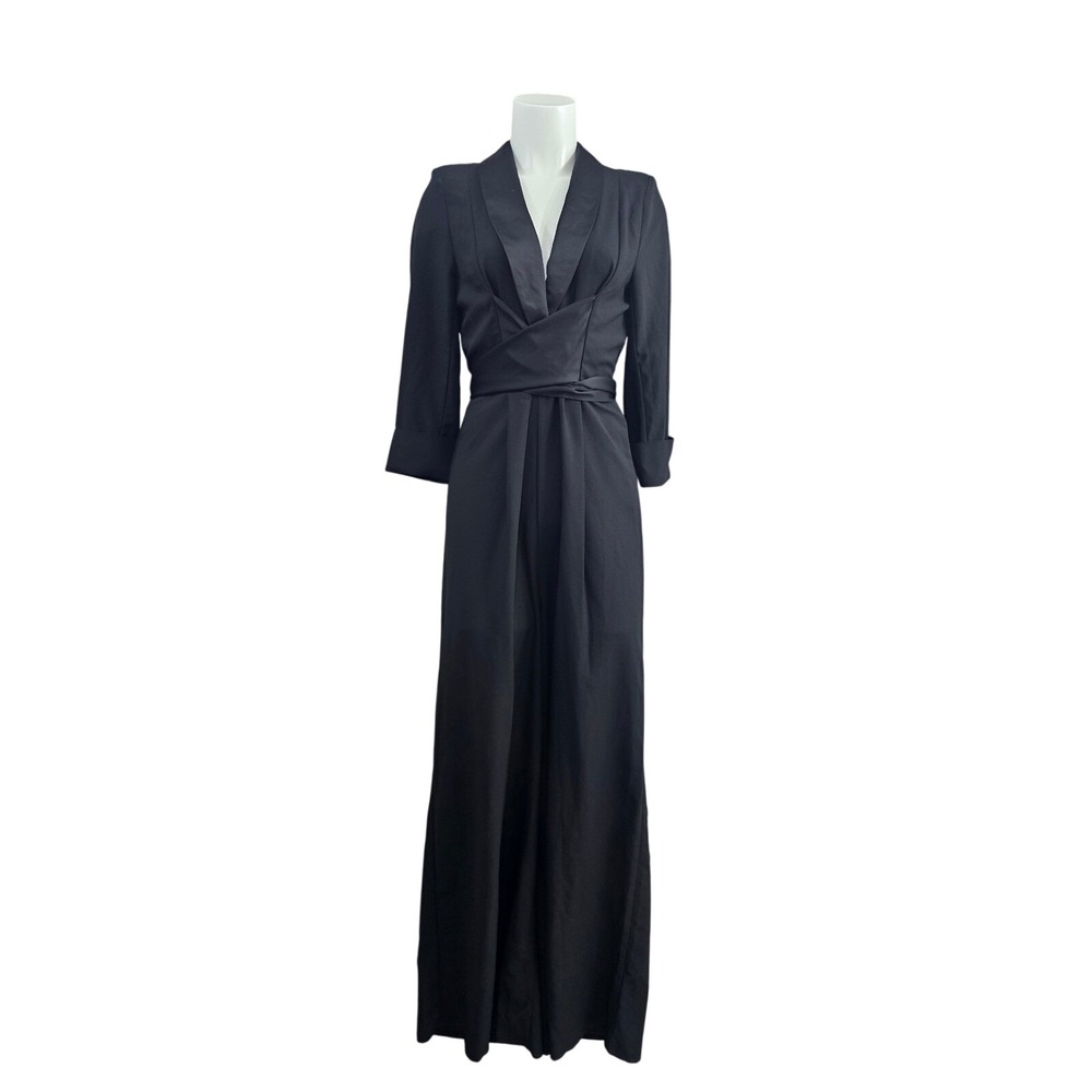 ASOS Jumpsuit Women US 8 Tall Black Tuxedo Wrap Satin Lapel Wide Leg Formal New